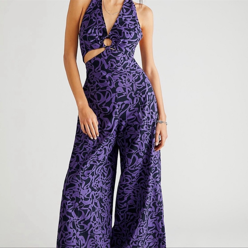 Free People Kira Purple Black Printed Wide Leg Halter Neck Jumpsuit Women’s M